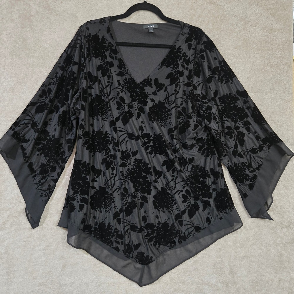 Velvet Burnout Blouse Women 3X Bell Sleeve Office Goth Romantic Asymmetrical